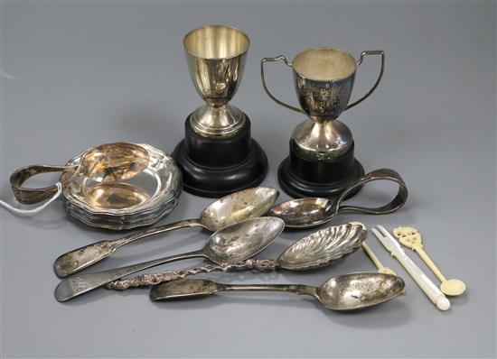 Four small silver spoons and twelve plated items, including set of eight small dishes.